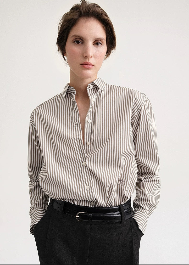 2501044TT Toteme Women Shirt Blouse Tops Cotton Stripped Light Brown Full Sleeve Oversize Front Button
