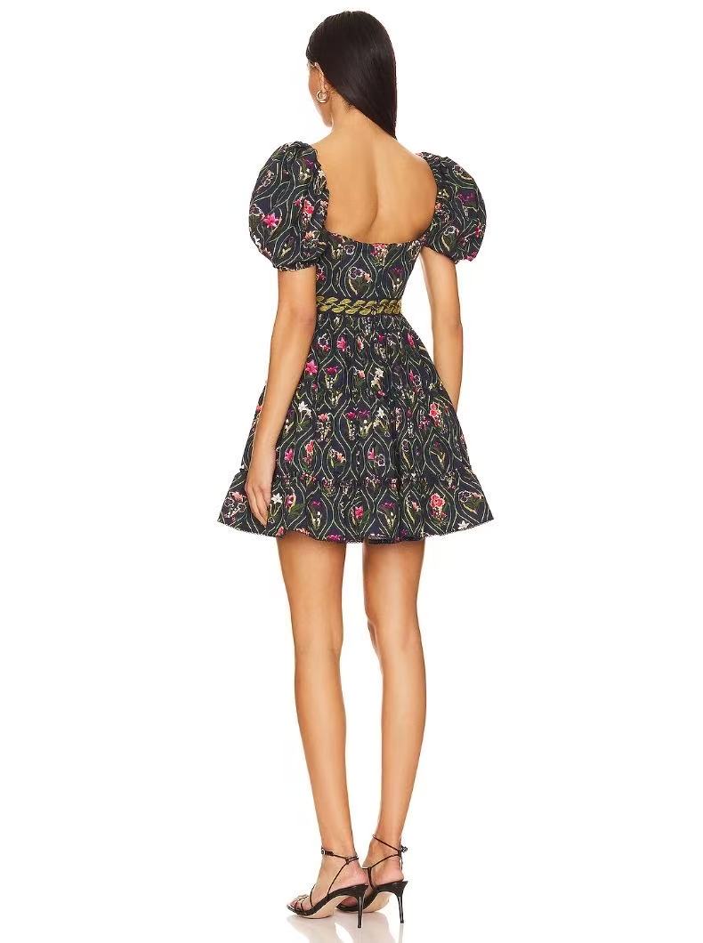 Agua Mini Dress Black Floral Print Short Puff Sleeve Embroidery High Waist A-Shape Back-zip 2503082Agu