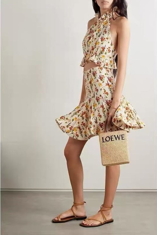 Agua Halter Tops Mini Skirt Floral Print Ruffles Light Yellow Backless Mid-Waist Linen 2503081Agu
