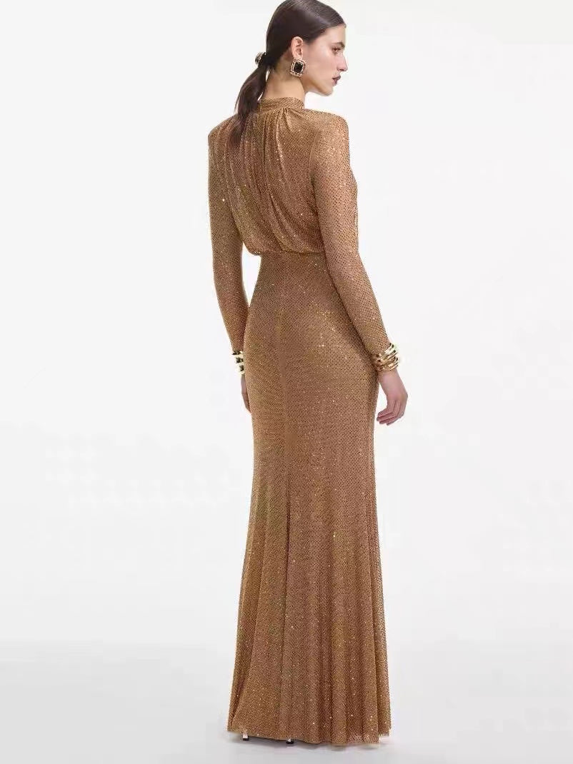 Self-Portrait rhinestone-embellished maxi dress light brown long sleeve high waist fishtail 2503037SP