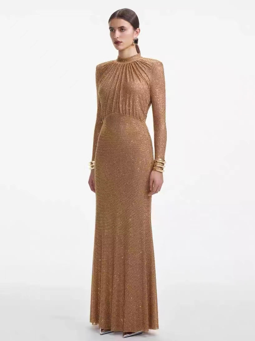 Self-Portrait rhinestone-embellished maxi dress light brown long sleeve high waist fishtail 2503037SP