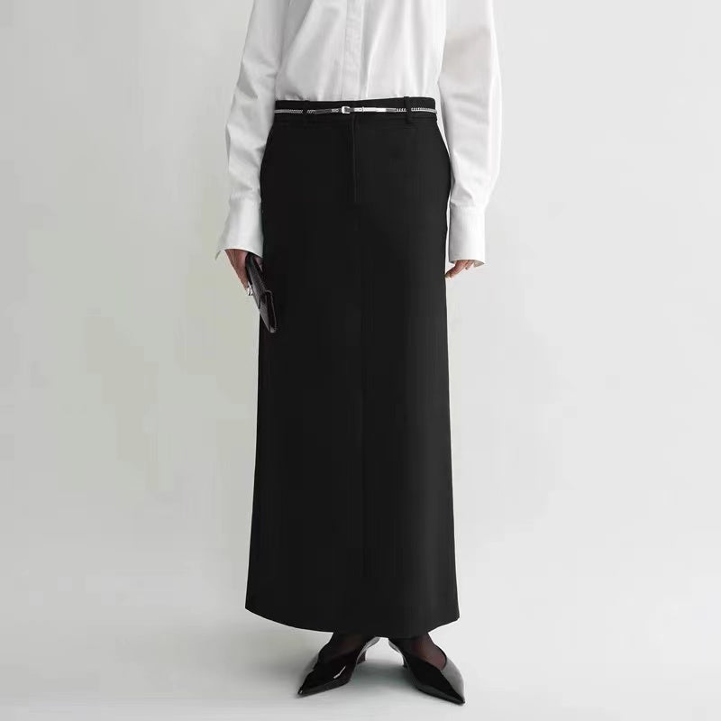 Toteme low-waist straight maxi skirt wool blended black belt loops pockets front button hook & zip 2503079TT