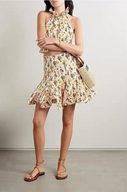 Agua Halter Tops Mini Skirt Floral Print Ruffles Light Yellow Backless Mid-Waist Linen 2503081Agu