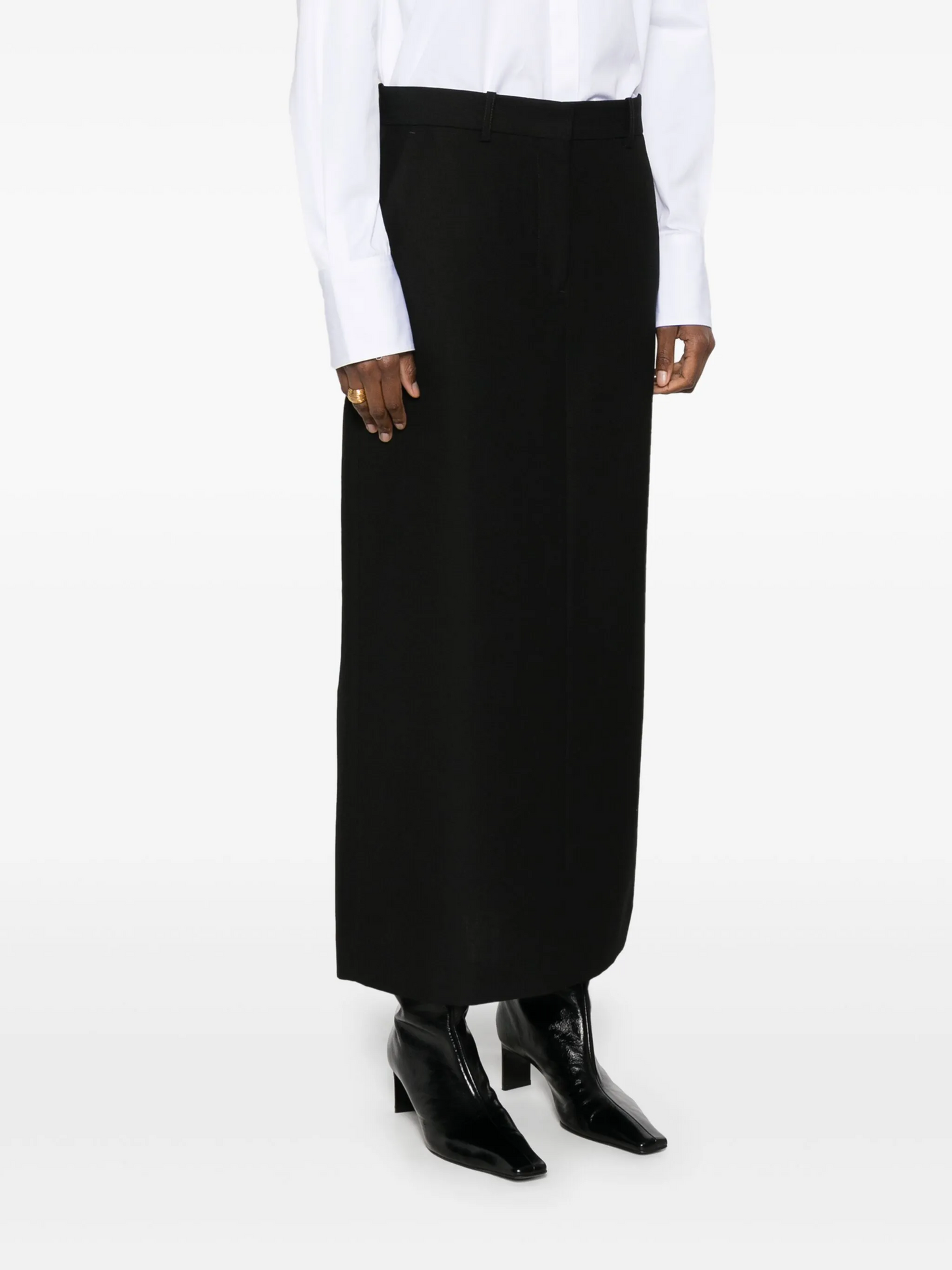 Toteme low-waist straight maxi skirt wool blended black belt loops pockets front button hook & zip 2503079TT