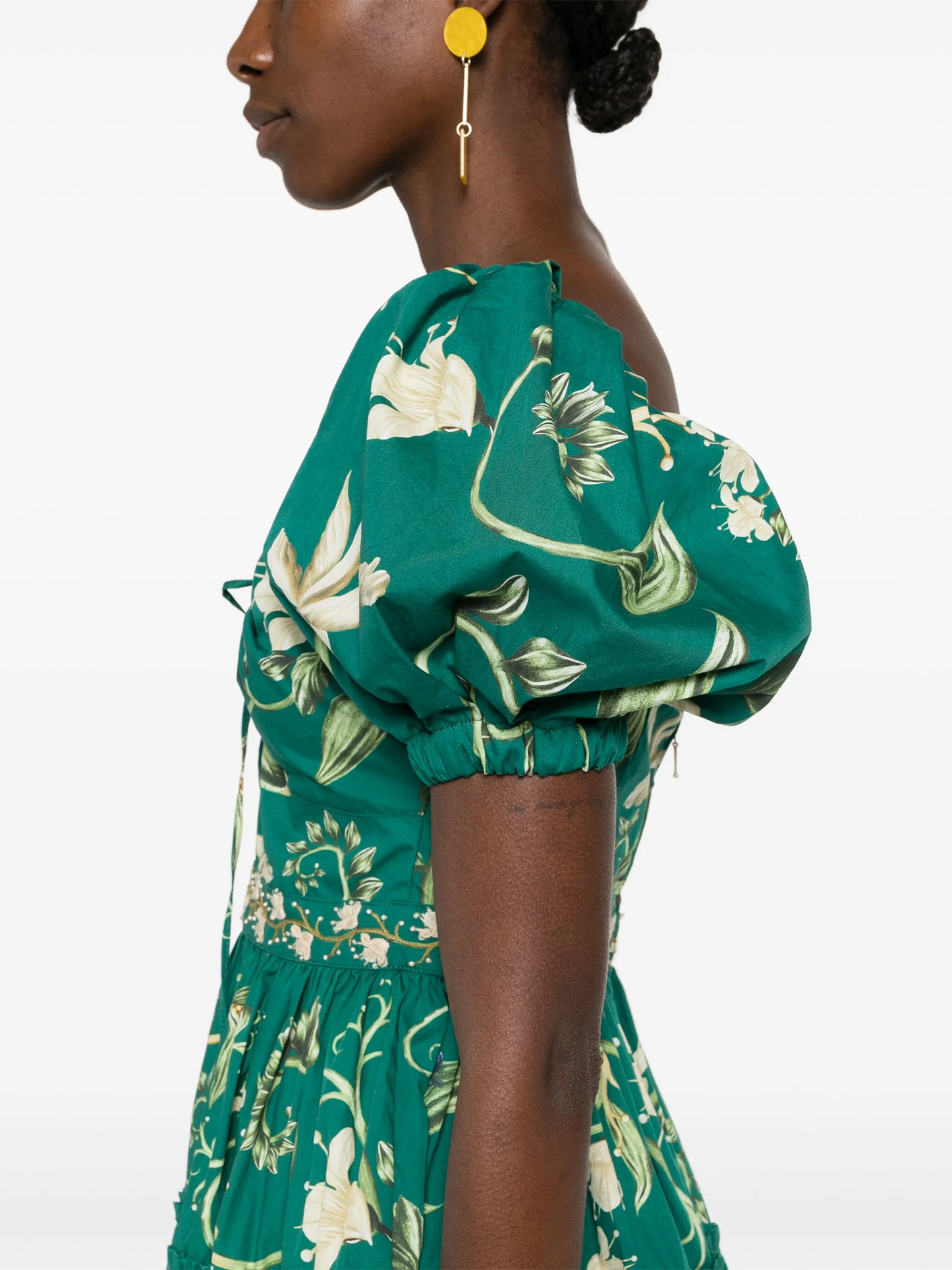 Agua Manzanilla Esmeralda floral-print dress green cotton floral print embroidery ruffled 2503083Agu