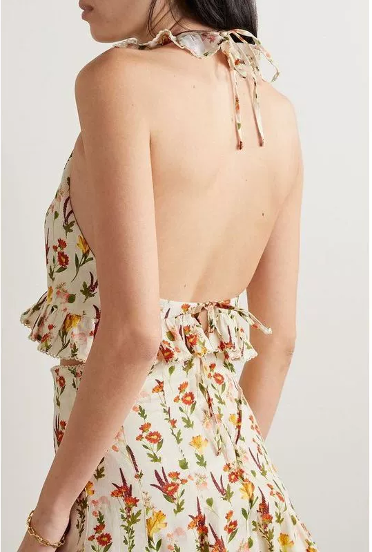Agua Halter Tops Mini Skirt Floral Print Ruffles Light Yellow Backless Mid-Waist Linen 2503081Agu