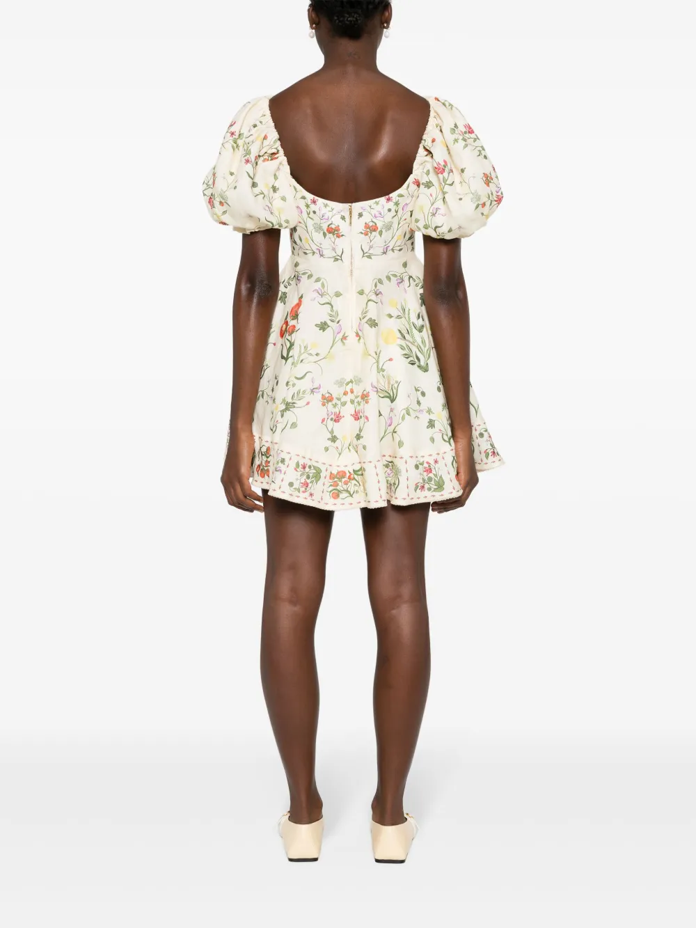 Agua Vuelo Cultivo linen dress beige linen floral print decorative button sweetheart neck short puff sleeves 2504182AGU