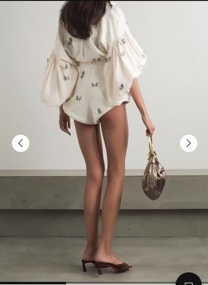 Agua Butterfly Applique Shirt Mini pants set blouse beige linen lantern sleeve front button 2505042Agu