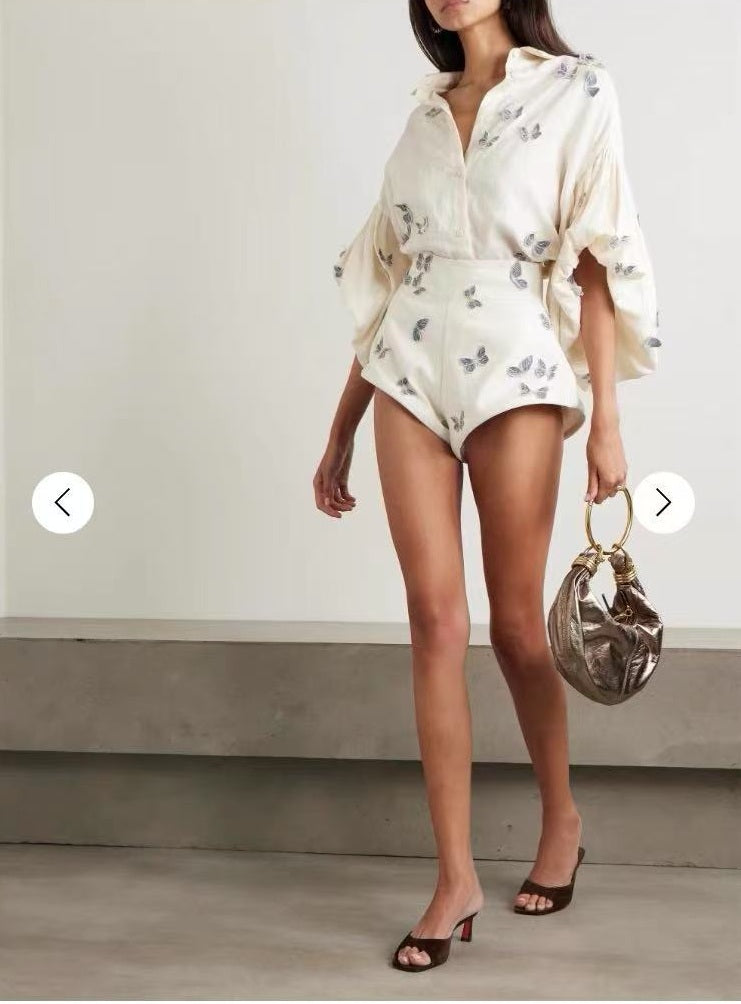 Agua Butterfly Applique Shirt Mini pants set blouse beige linen lantern sleeve front button 2505042Agu