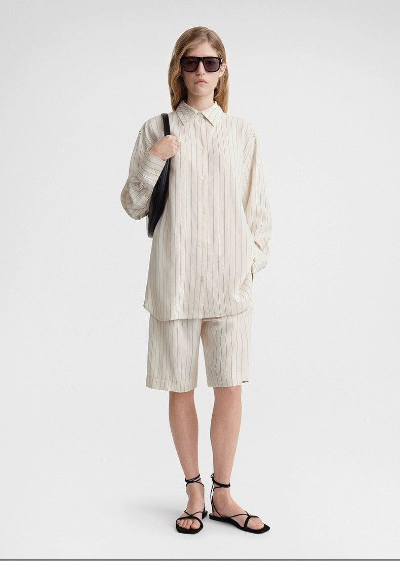 Toteme blouse pants set shirt shorts viscose beige striped oversize casual tie waist knee lenght 2404002TT