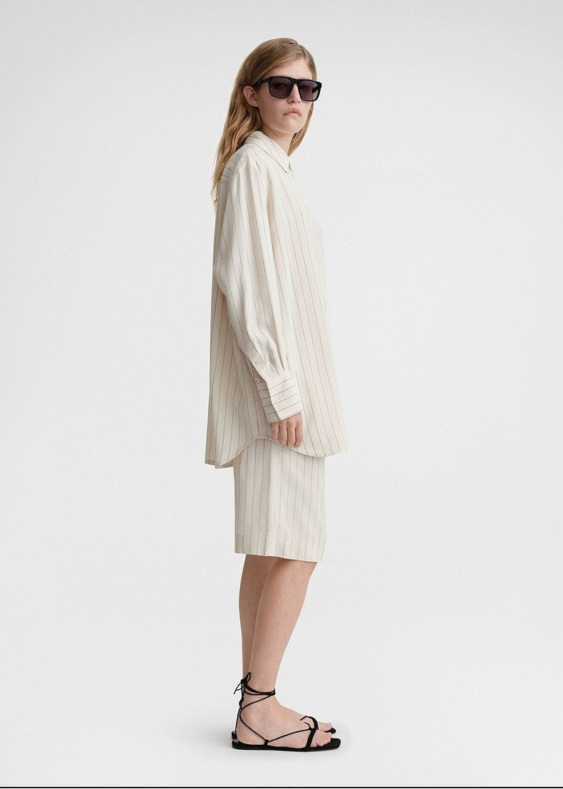 Toteme blouse pants set shirt shorts viscose beige striped oversize casual tie waist knee lenght 2404002TT