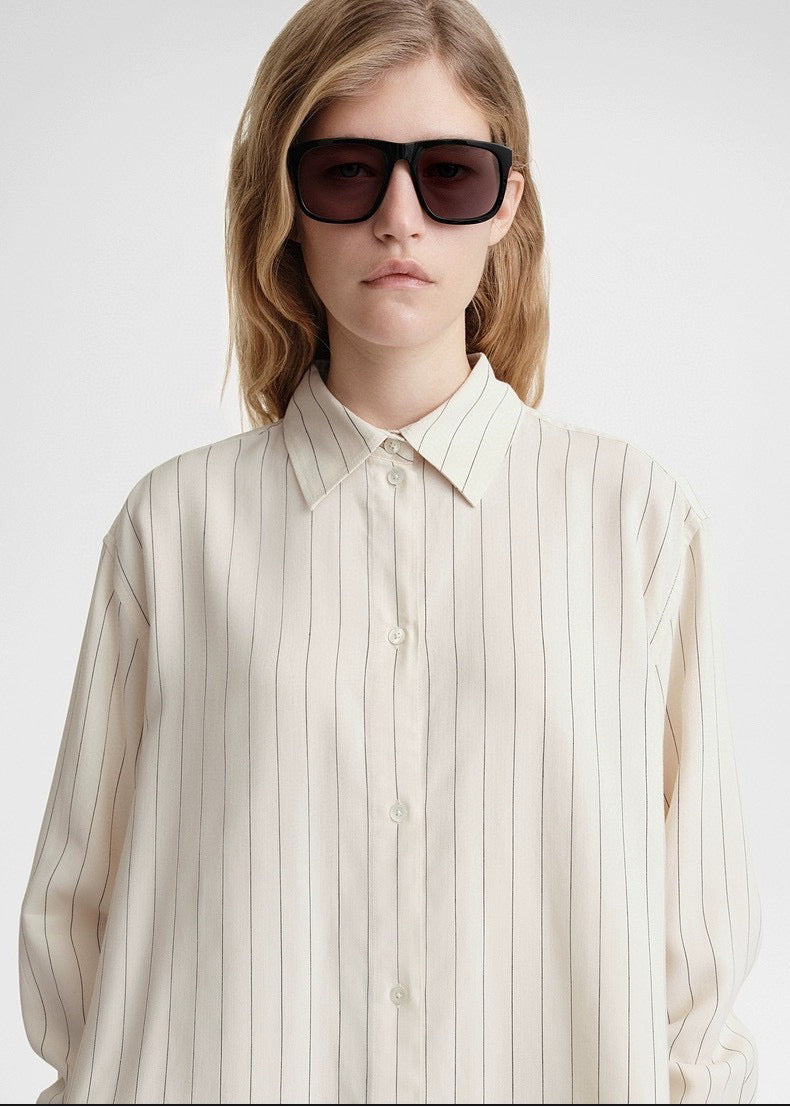 Toteme blouse pants set shirt shorts viscose beige striped oversize casual tie waist knee lenght 2404002TT