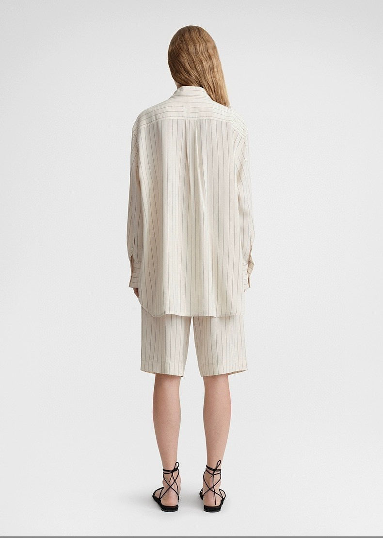 Toteme blouse pants set shirt shorts viscose beige striped oversize casual tie waist knee lenght 2404002TT