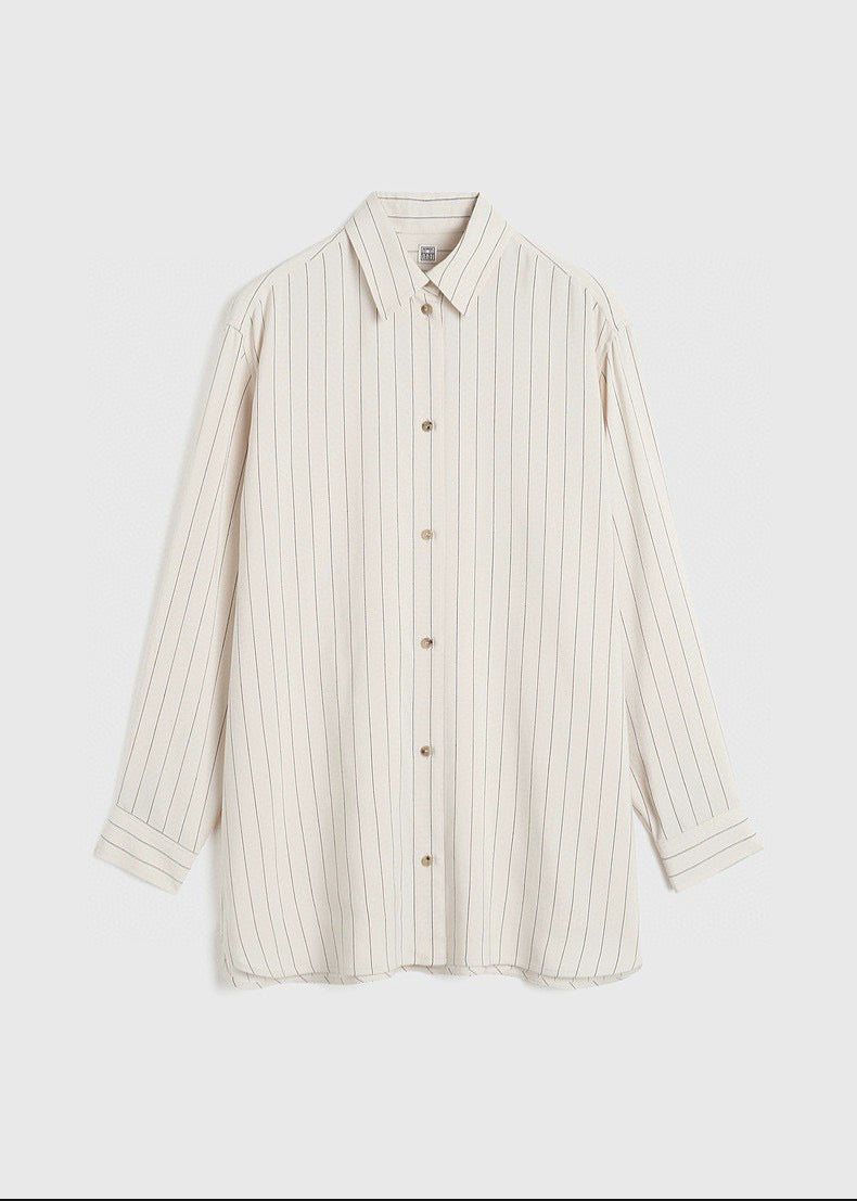 Toteme blouse pants set shirt shorts viscose beige striped oversize casual tie waist knee lenght 2404002TT