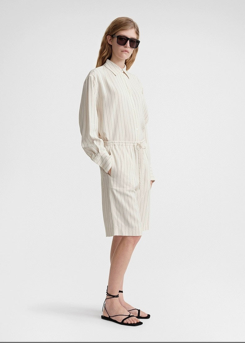 Toteme blouse pants set shirt shorts viscose beige striped oversize casual tie waist knee lenght 2404002TT