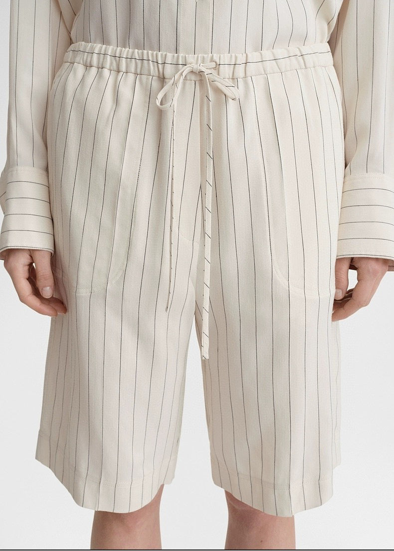 Toteme blouse pants set shirt shorts viscose beige striped oversize casual tie waist knee lenght 2404002TT