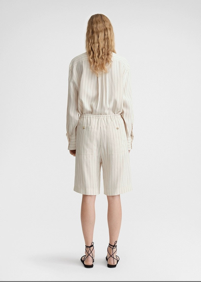 Toteme blouse pants set shirt shorts viscose beige striped oversize casual tie waist knee lenght 2404002TT