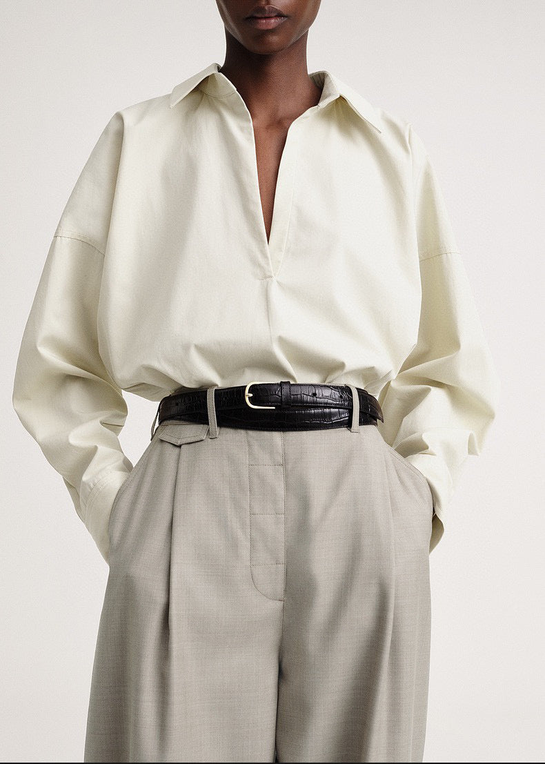 2302022TT Toteme Women Shirt Blouse Pull-over Cotton Long Sleeve V-Neck Oversize Turndown-Collar