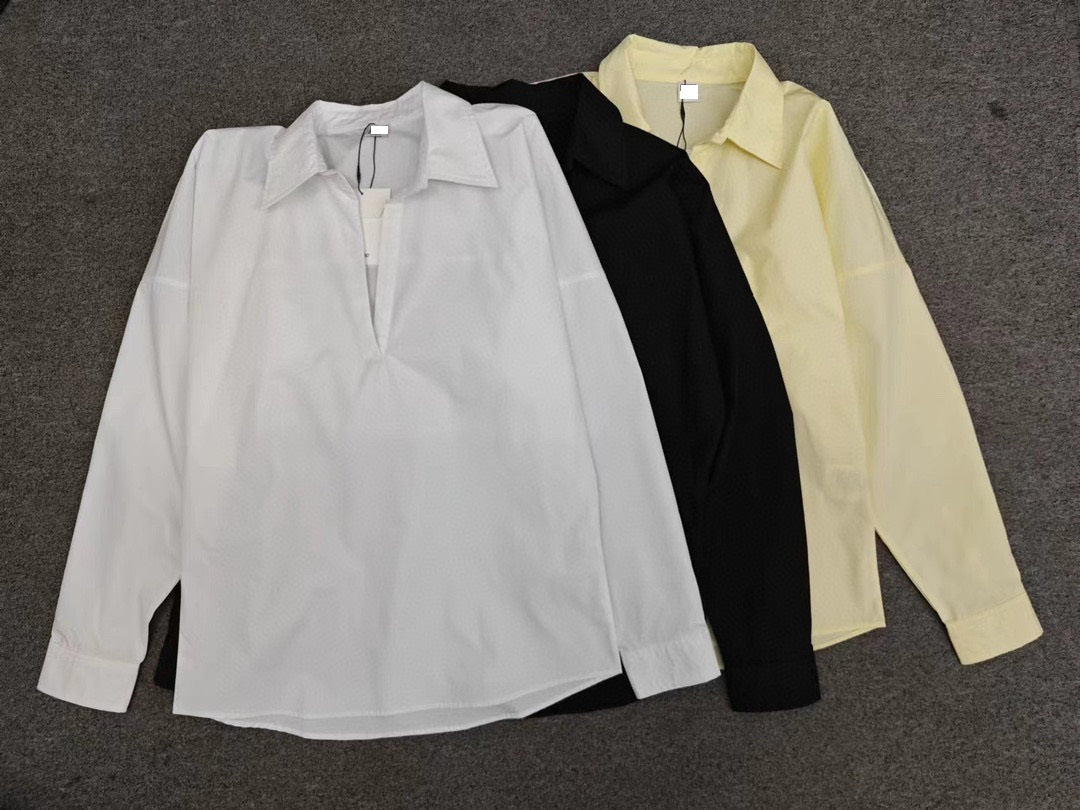 2302022TT Toteme Women Shirt Blouse Pull-over Cotton Long Sleeve V-Neck Oversize Turndown-Collar