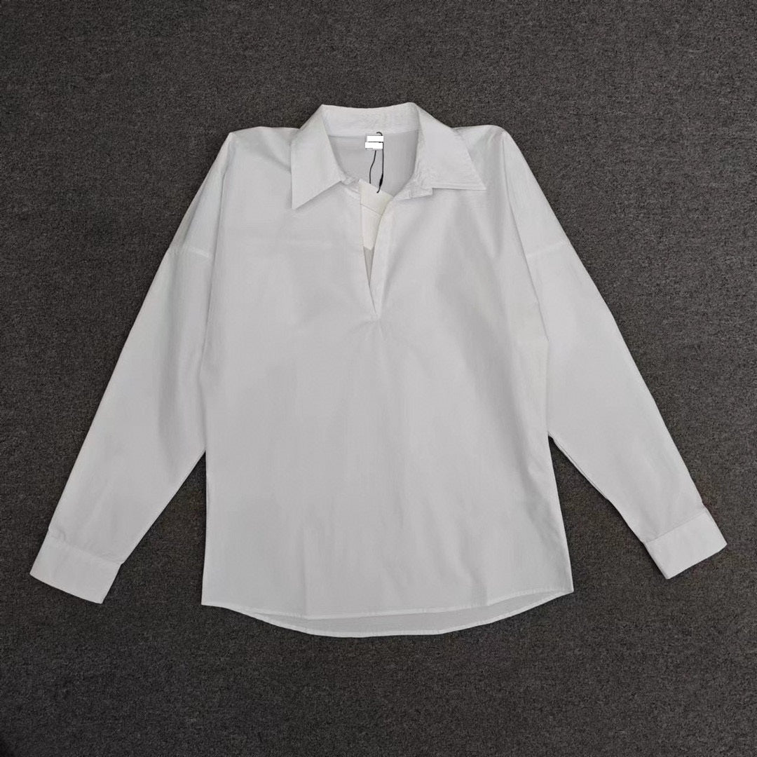 2302022TT Toteme Women Shirt Blouse Pull-over Cotton Long Sleeve V-Neck Oversize Turndown-Collar
