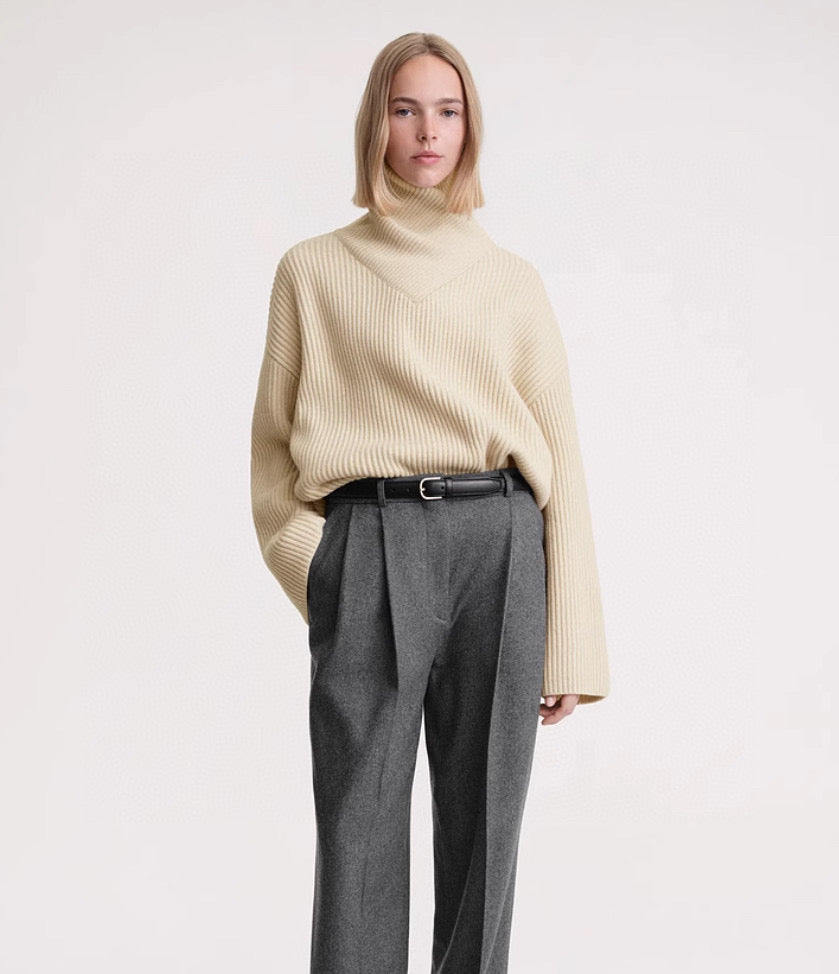 Toteme Winter Sweater Stand Neck Knit Pullover Wool Khaki Dark Blue Flare Long Sleeve Loose 2310017TT
