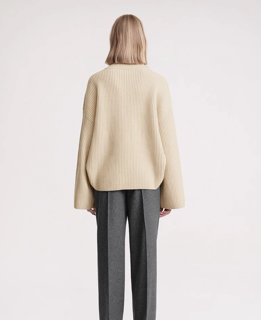 Toteme Winter Sweater Stand Neck Knit Pullover Wool Khaki Dark Blue Flare Long Sleeve Loose 2310017TT