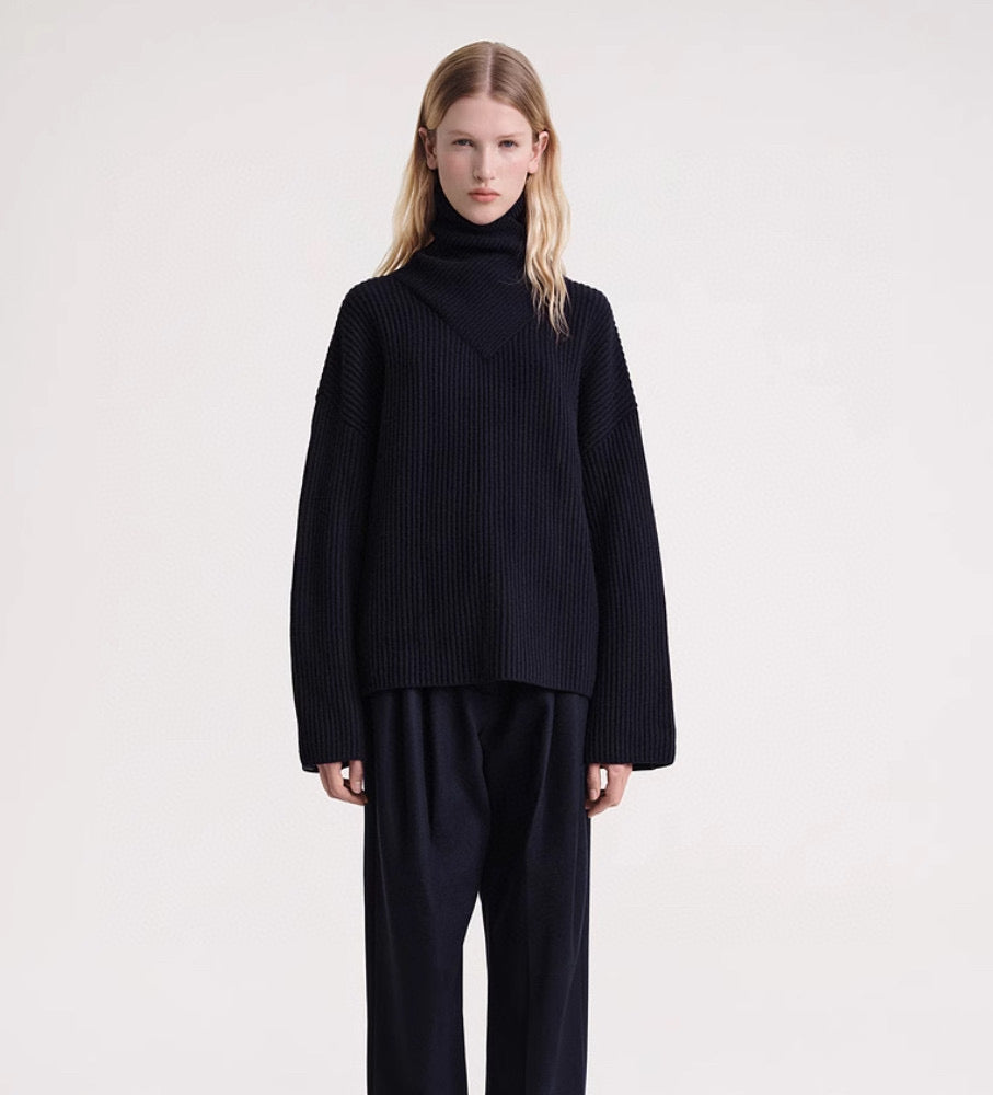 Toteme Winter Sweater Stand Neck Knit Pullover Wool Khaki Dark Blue Flare Long Sleeve Loose 2310017TT