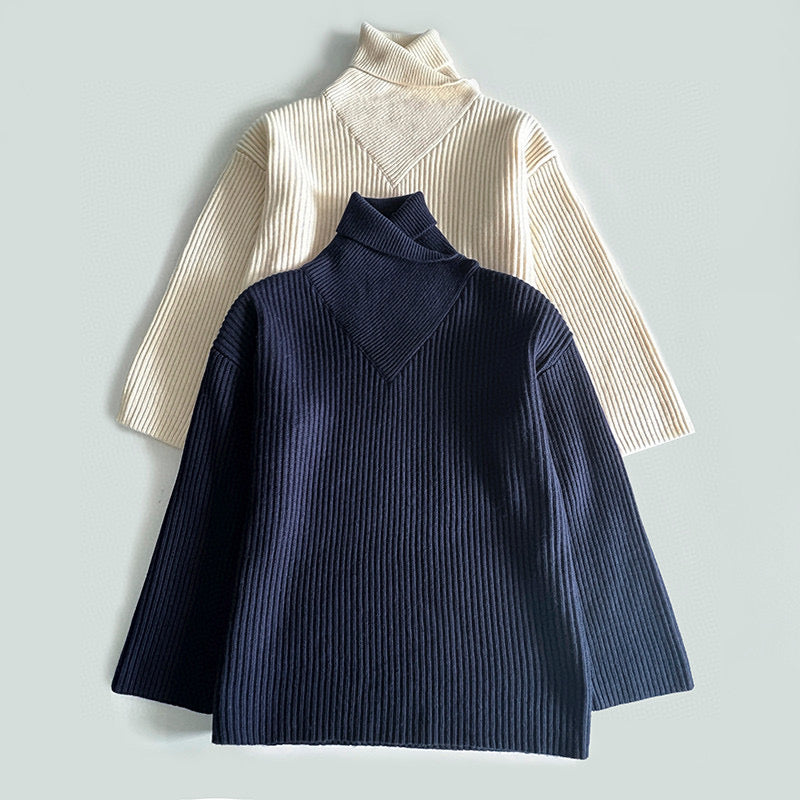 Toteme Winter Sweater Stand Neck Knit Pullover Wool Khaki Dark Blue Flare Long Sleeve Loose 2310017TT