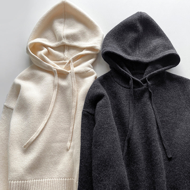 Toteme knitted drawstring hoodie long sleeves wool ribbed trim beige darkgray minimalist 2310029TT