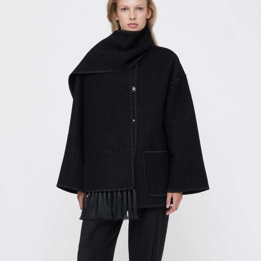 Toteme scarf collar jacket woolen black tassel pocket split winter coat oversize 2208112T