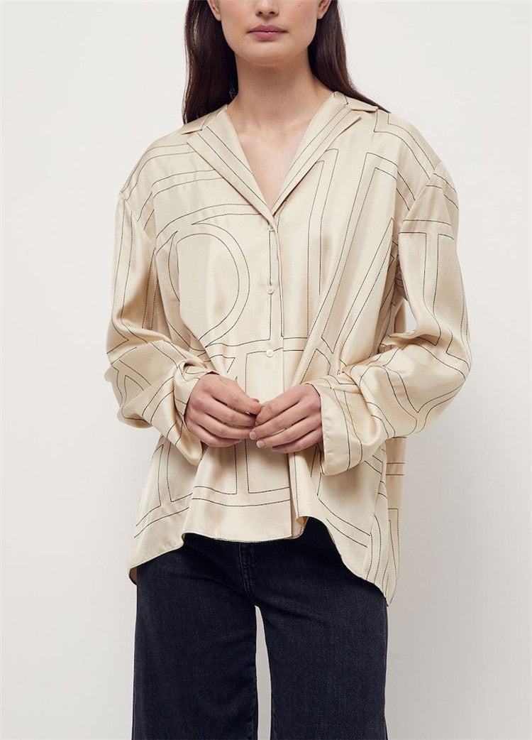 Toteme silk shirt oversize silk beige black logo embroidery long sleeve turn-down collar 2102012 TTM