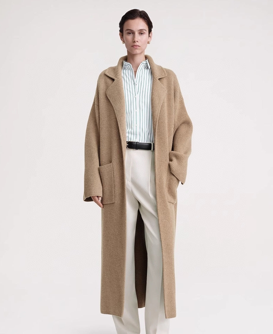 Toteme drop-shoulder ribbed-knit cardigan camel black wool blend open front front patch pockets 2312013TT
