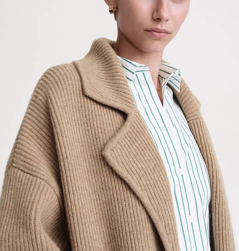Toteme drop-shoulder ribbed-knit cardigan camel black wool blend open front front patch pockets 2312013TT