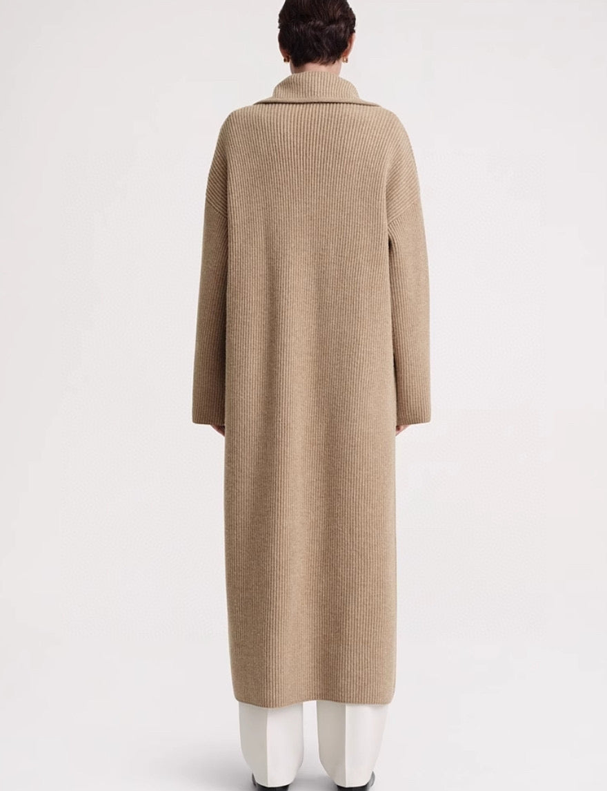 Toteme drop-shoulder ribbed-knit cardigan camel black wool blend open front front patch pockets 2312013TT