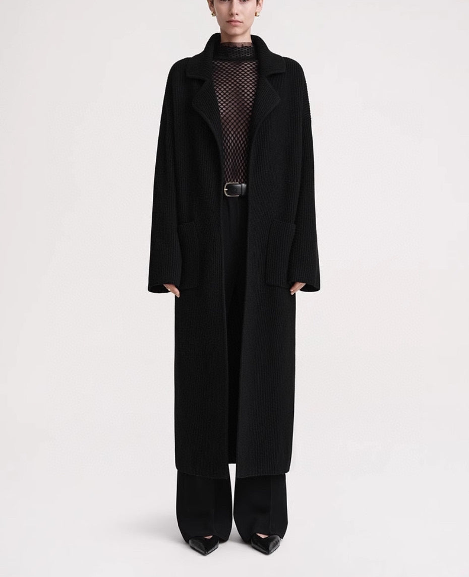 Toteme drop-shoulder ribbed-knit cardigan camel black wool blend open front front patch pockets 2312013TT