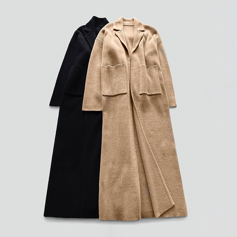 Toteme drop-shoulder ribbed-knit cardigan camel black wool blend open front front patch pockets 2312013TT