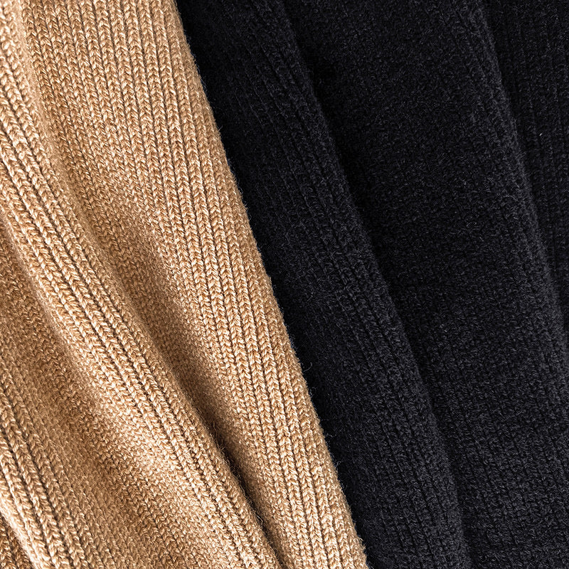 Toteme drop-shoulder ribbed-knit cardigan camel black wool blend open front front patch pockets 2312013TT