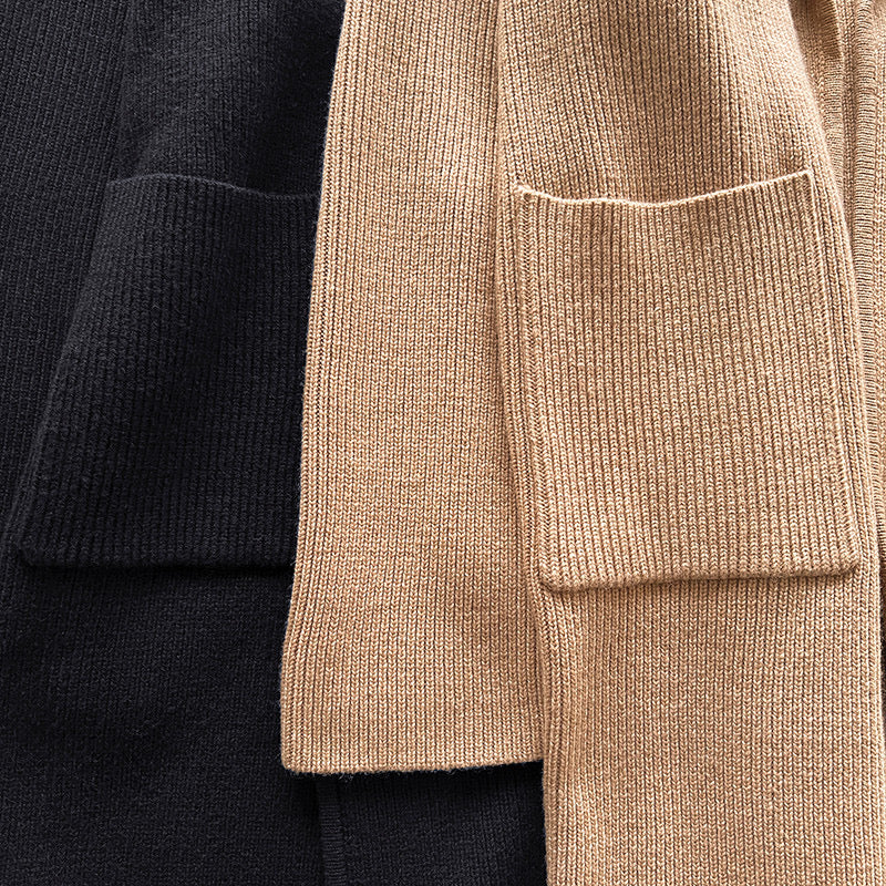 Toteme drop-shoulder ribbed-knit cardigan camel black wool blend open front front patch pockets 2312013TT