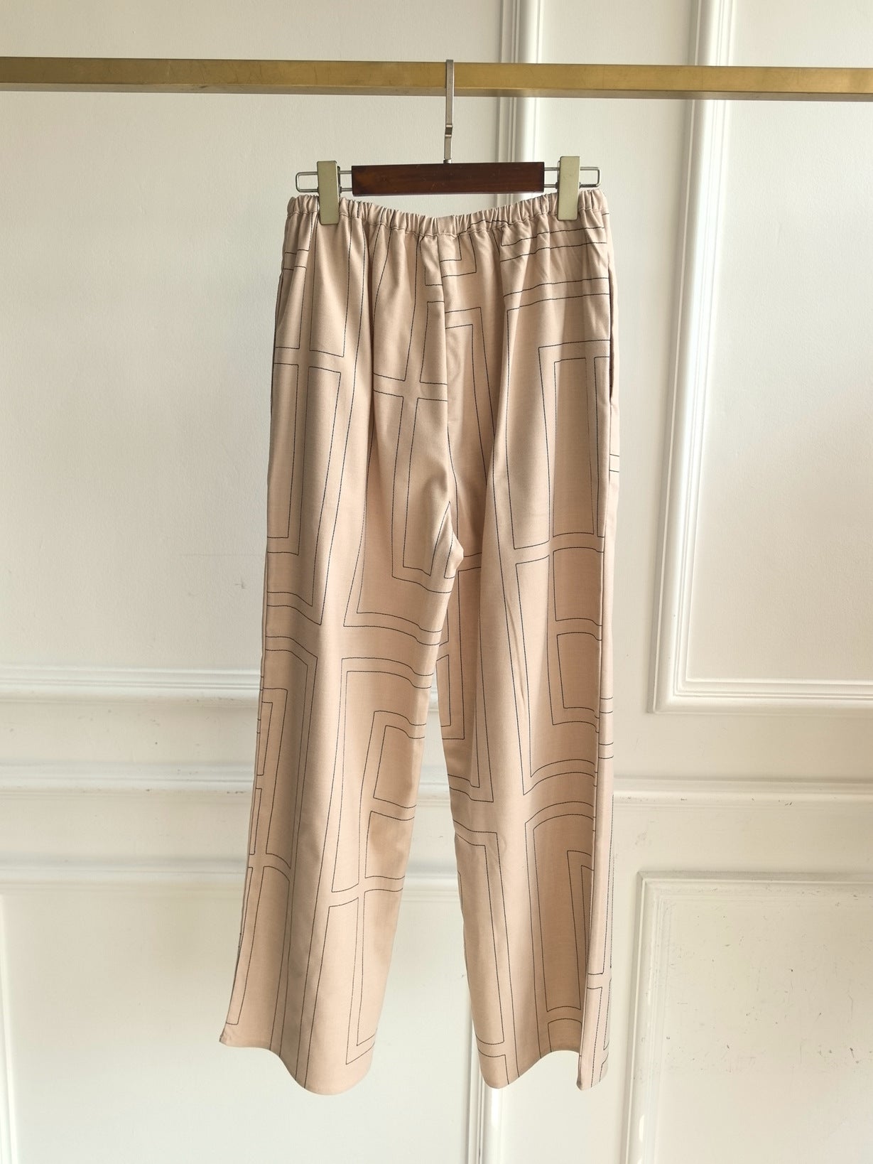 2501043TT Women Wide Leg Pants Trousers Fannel Full Length Pocket Elastic Waist Beige Gray Black Embroidery
