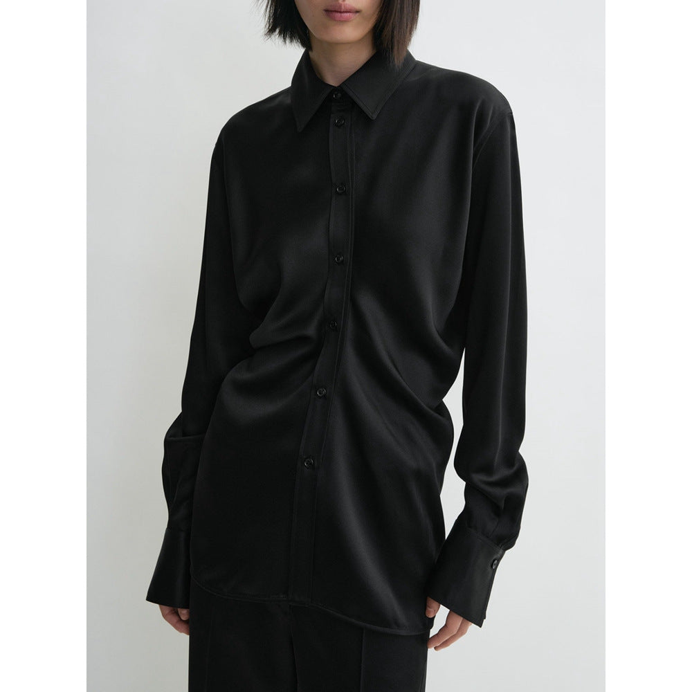 2501034TT Toteme Women Blouse Shirt Viscose Acetate Beige Black Satin Long Sleeve Tight Waist