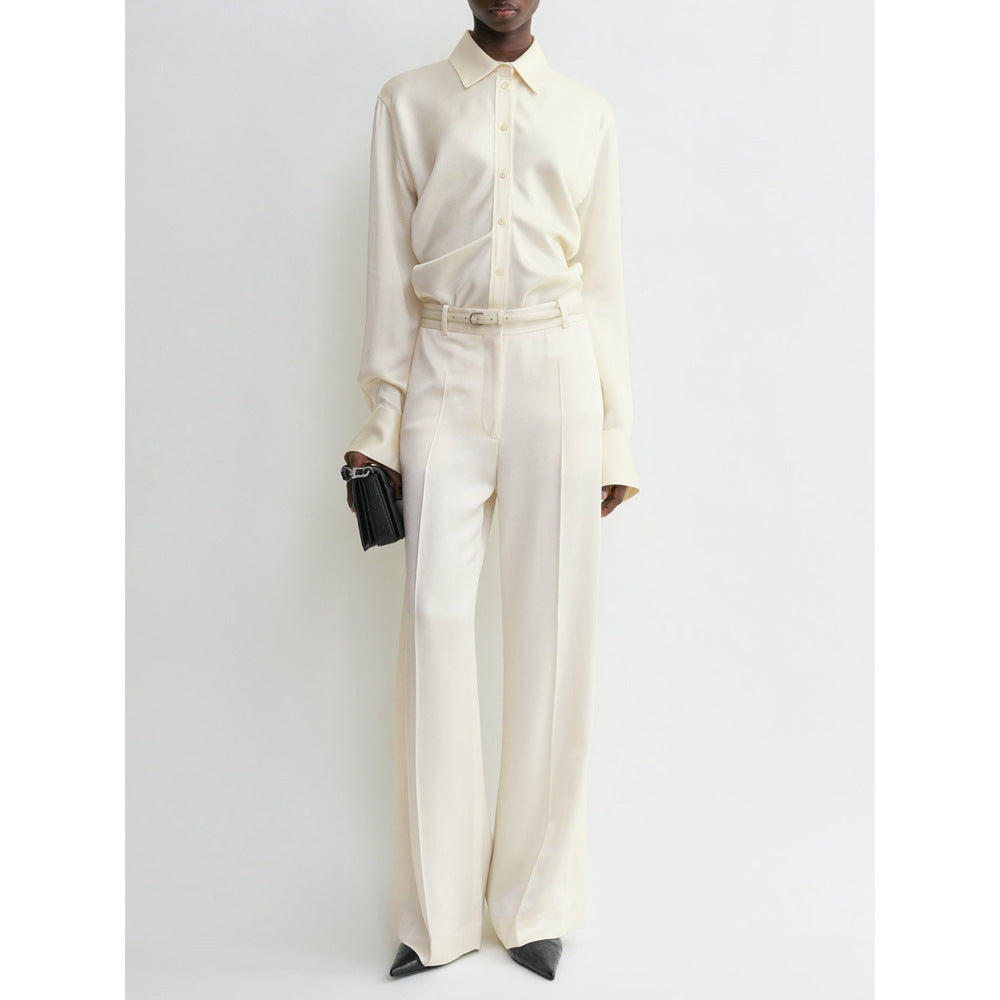 2501034TT Toteme Women Blouse Shirt Viscose Acetate Beige Black Satin Long Sleeve Tight Waist