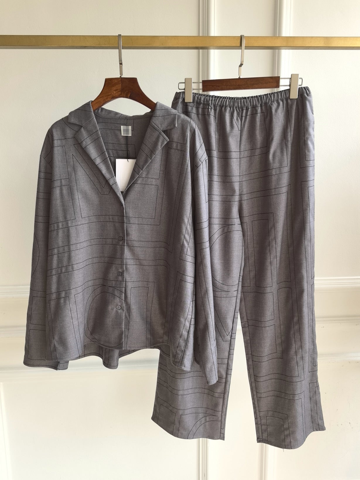 2501043TT Women Wide Leg Pants Trousers Fannel Full Length Pocket Elastic Waist Beige Gray Black Embroidery