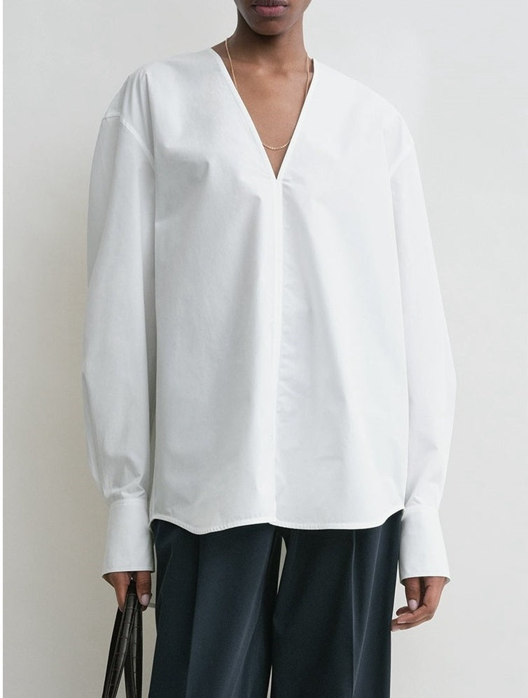 Toteme V-neck blouse white buttoned cuffs long sleeves box-pleat Cotton loose 2503025TT