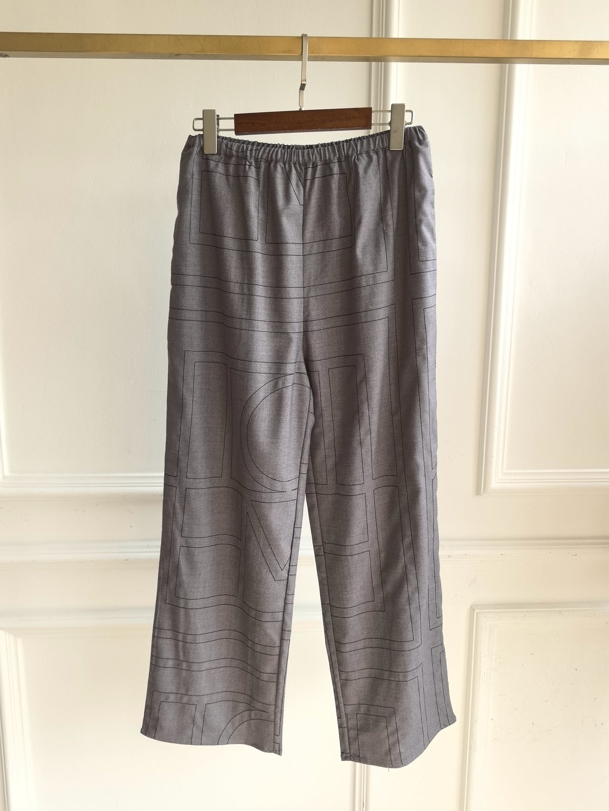 2501043TT Women Wide Leg Pants Trousers Fannel Full Length Pocket Elastic Waist Beige Gray Black Embroidery