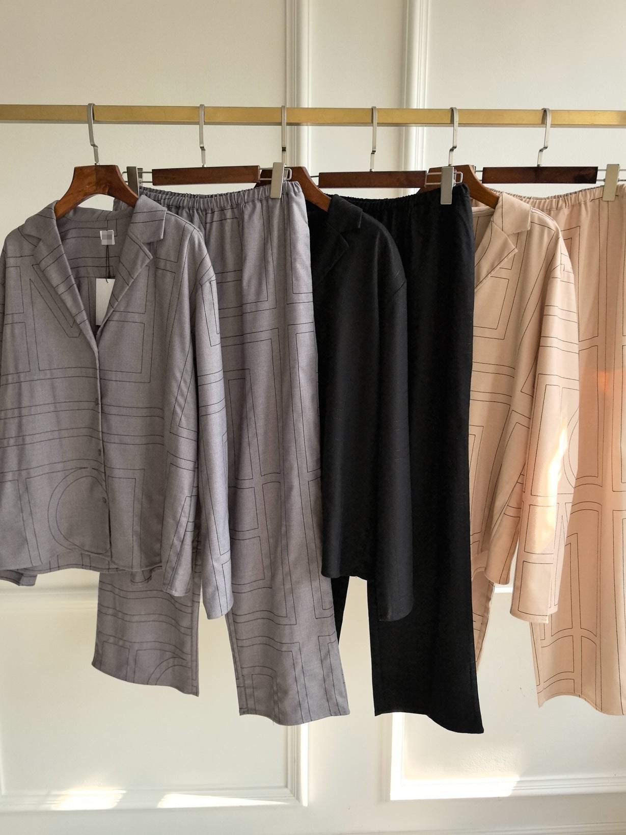 2501043TT Women Wide Leg Pants Trousers Fannel Full Length Pocket Elastic Waist Beige Gray Black Embroidery