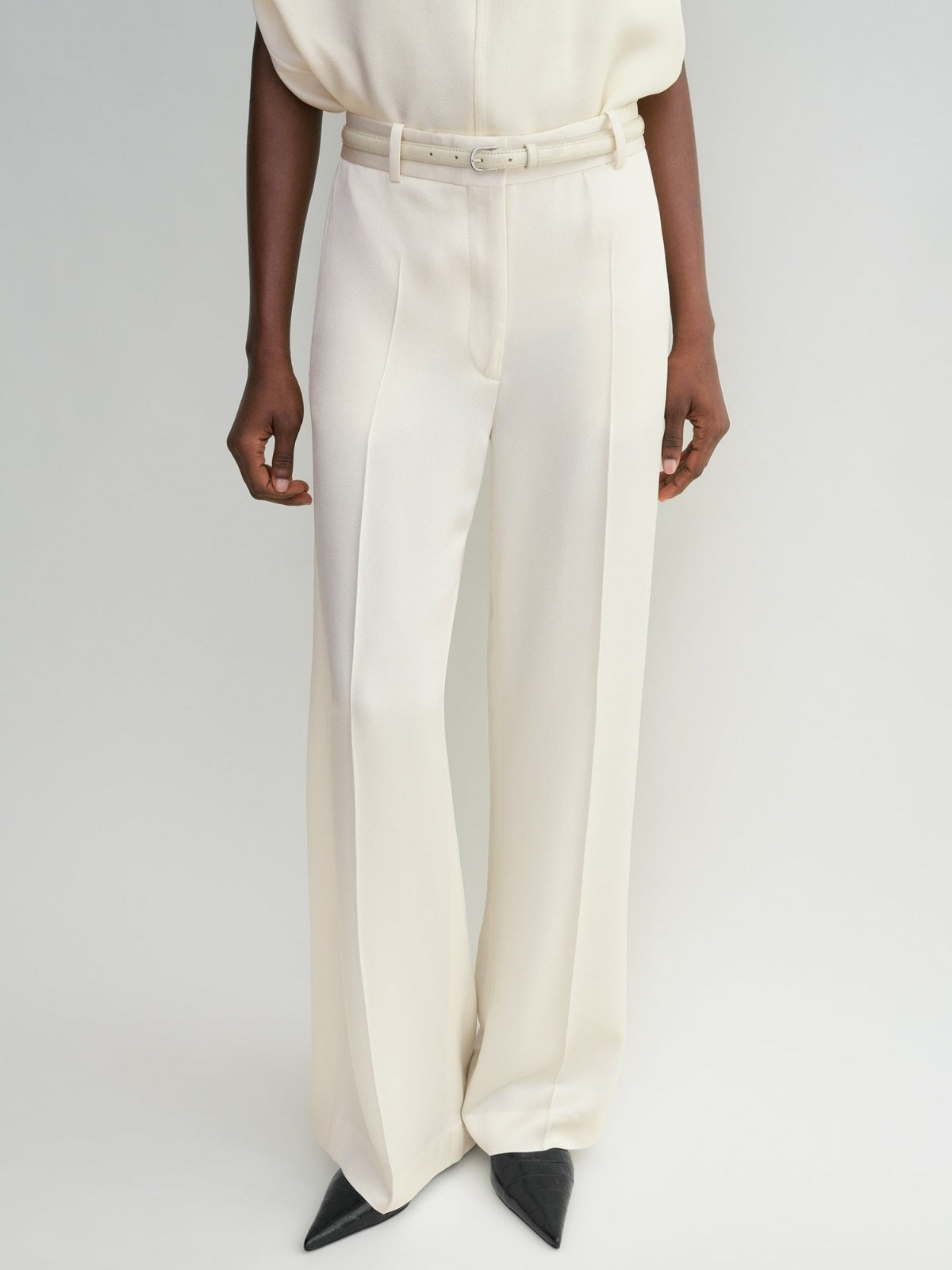 2501033TT Toteme Women Pants Trousers Wide Leg Full Length Viscose Acetate Satin Side Slit Fix-Waist Zipper Pocket