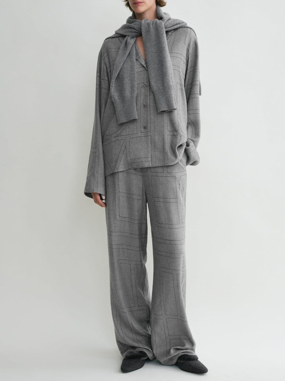 2501043TT Women Wide Leg Pants Trousers Fannel Full Length Pocket Elastic Waist Beige Gray Black Embroidery