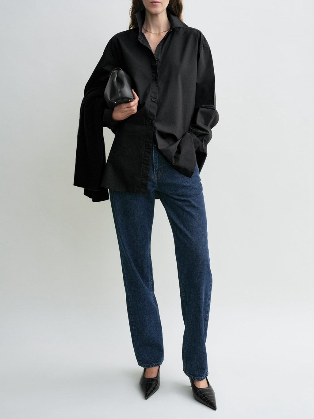 Toteme Women Shirt Blouse Light Blue Black White Long Sleeve Front Button Cotton Oversize 2503078TT