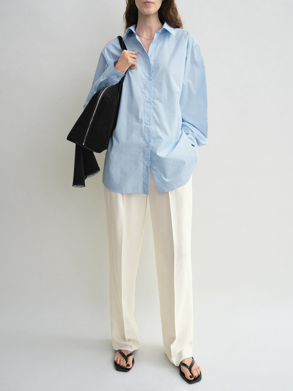Toteme Women Shirt Blouse Light Blue Black White Long Sleeve Front Button Cotton Oversize 2503078TT