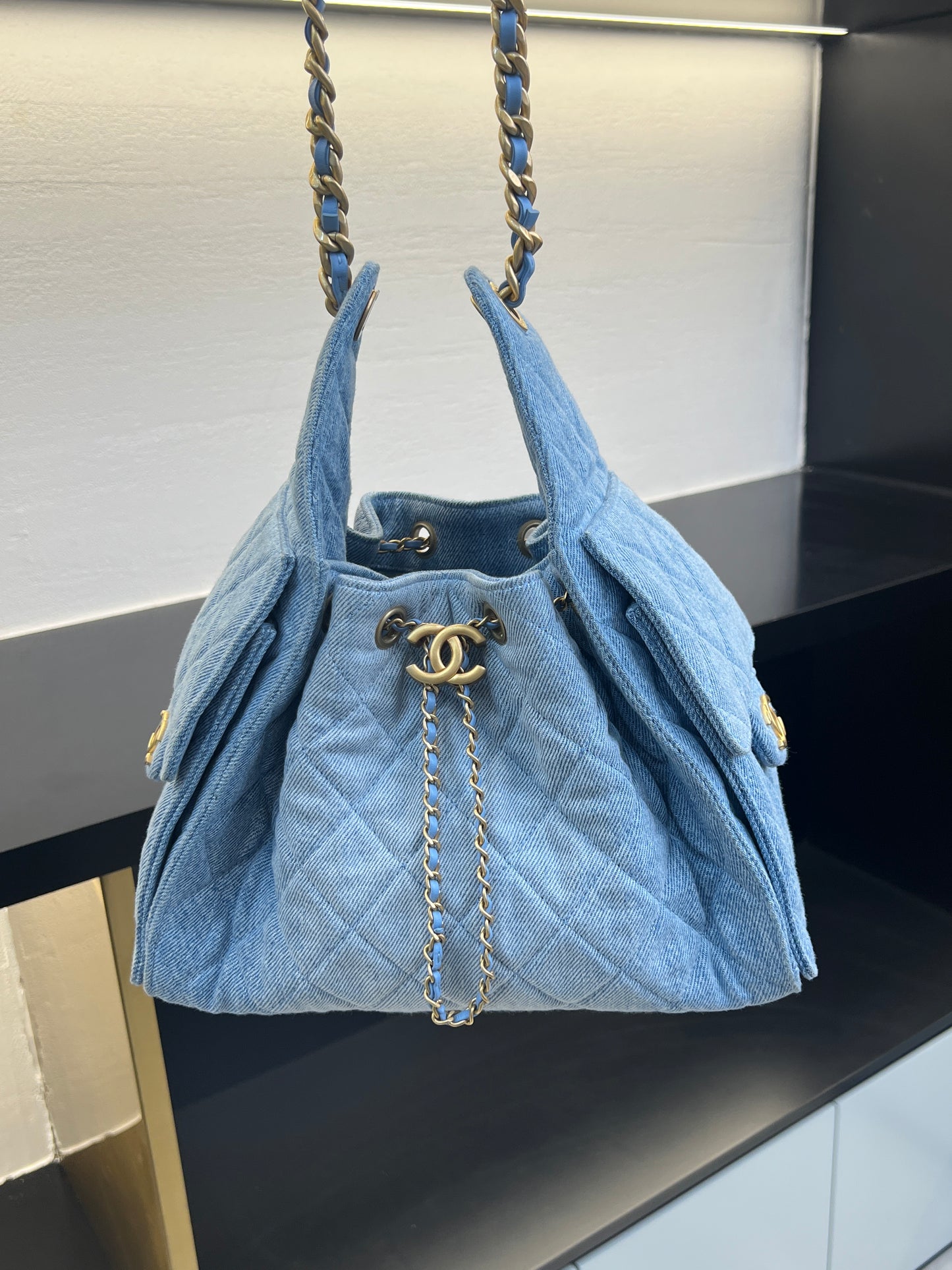 Ch@nnel 25 Bag Handbag denim size S light blue metal strap logo buckle 2506069CH